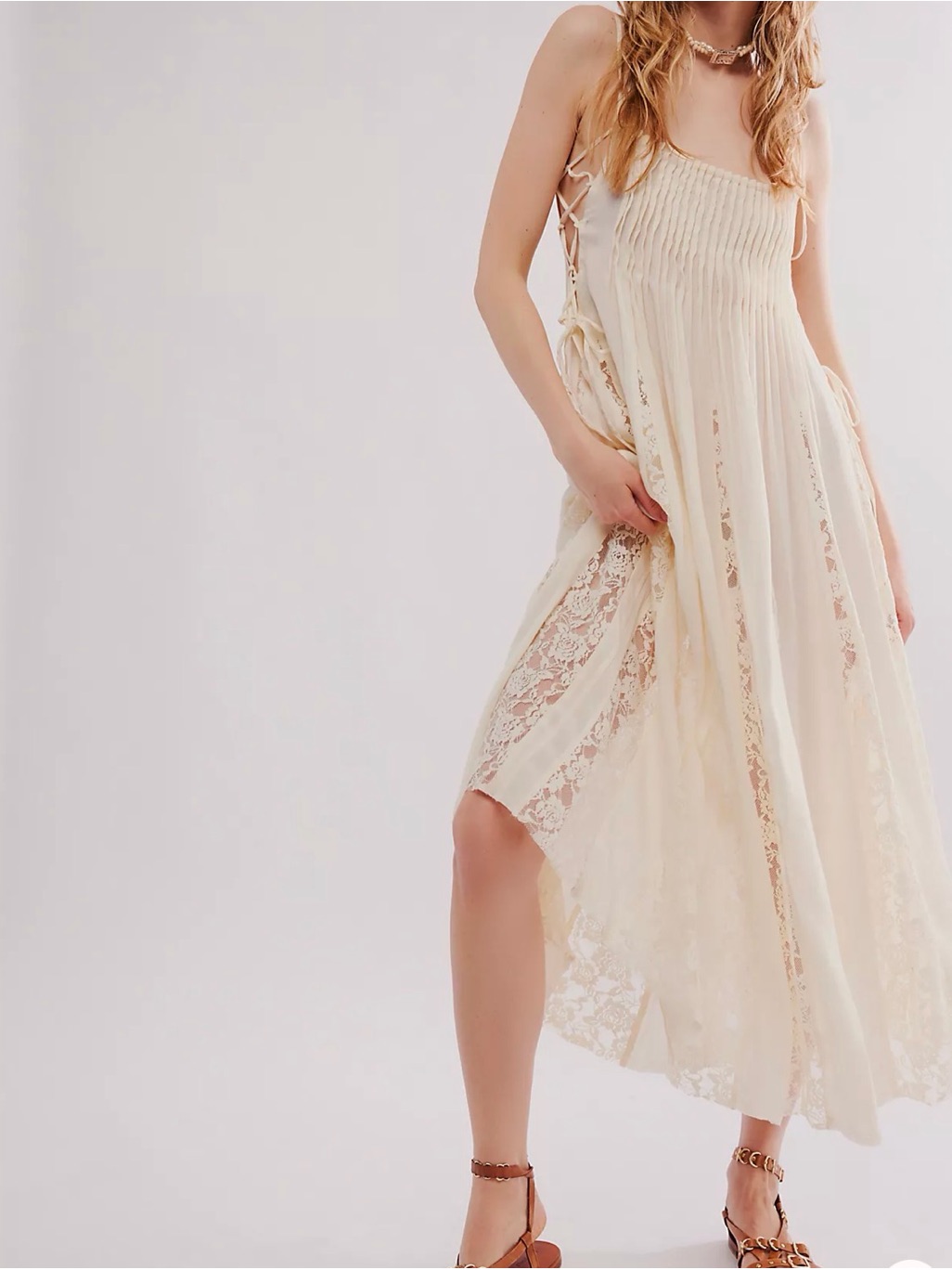Fp Hailee Maxi Slip Sheer Lace Godet Panels Adjustable Lace-Up Sides Cream S